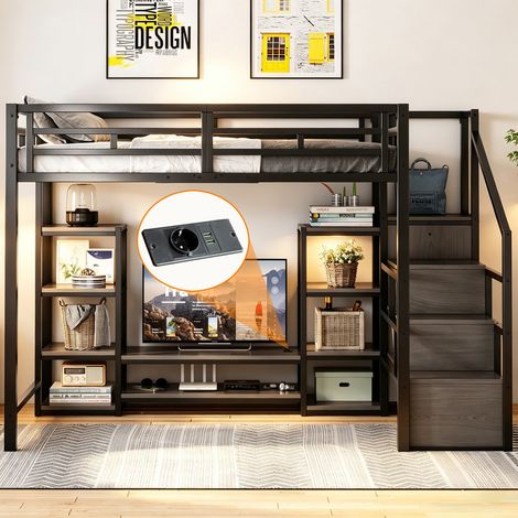 Lit Mezzanine Métal 140x200 avec Support TV, Prise Électrique et Échelle Sécurisée, À monter soi-même - Lit Superposé Enfant avec Rangement, Noir (1/5)