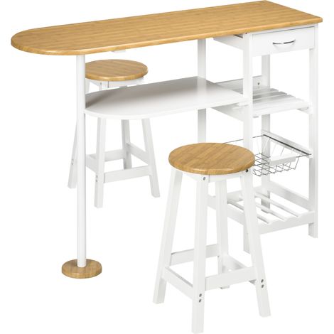 Table bar 119x38,5x88,5 cm avec panier amovible porte-bouteilles + 2 tabourets 29x29x55 cm Blanc