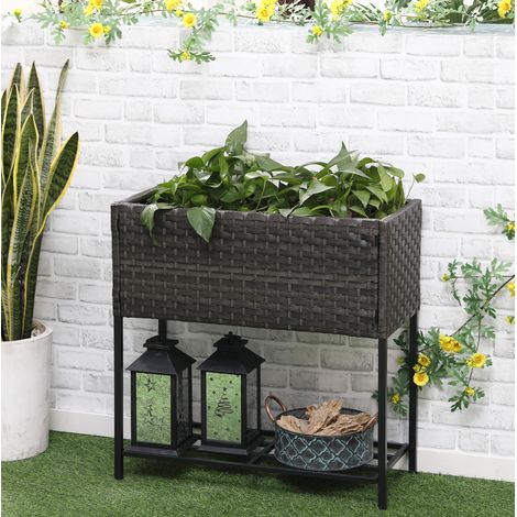 Jardinera elevada de poliratán con patas y estante, 70 x 30 x 72 cm, marrón HAVRYA (1/5)