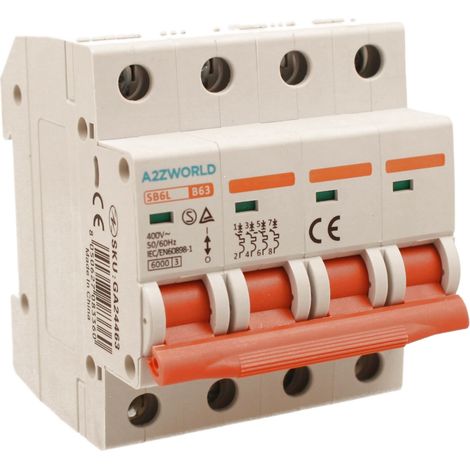 MCB Interruttore Magnetotermico Automatico Curva B 4P 4M 6000A AC 400V IP20 SB6L, Corrente Disponibili 10A 16A 20A 25A 32A 40A 50A 63A  (B63A)