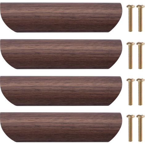 Poignée de Meuble en Bois 4Pcs Poignée de Tiroir Bouton de Porte Cuisine Poignées de Placard en Bois pour Cuisine Armoire Commode Tiroir, 96mm Distance Entre les Trous (Noyer Noir) (1/5)