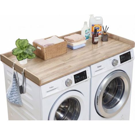 Encimera para Lavadora y Secadora 137 x 69,9 cm, Cubierta Superior de Madera Soporta hasta 113 kg con Borde Elevado, Ganchos Laterales, Almohadillas para Baño Lavadero Balcón Cocina, Color Roble (1/5)