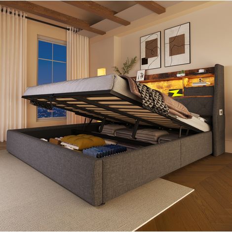 Cama tapizada retro 140x190 cm gris lino, arcón hidráulico, cabecero LED con puertos USB/Type-C
