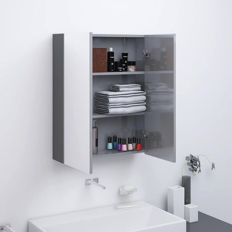 Armoire murale de salle de bain à miroir - Meuble de rangement 60x15x75 cm MDF Gris brillant BV730699 - BonneVie (1/5)