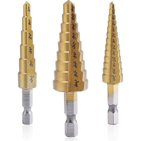 Jeu de forets coniques en acier rapide revêtu de titane pour perçage et découpe de tôles, multi-tailles, pour bricoleurs, 3 pièces (1/4)
