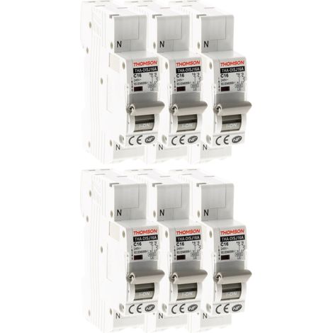 Thomson – Lot de 6 disjoncteurs unipolaires 16A NF – Connexion automatique PH+N – Pouvoir de coupure 3kA – Pour installations électriques