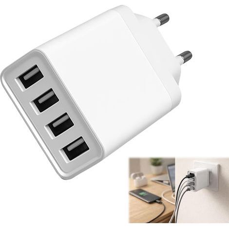 Alimentatore USB a 4 porte, 5V 2.4A, spina europea, bianco, caricabatterie USB per smartphone e tablet. (1/5)