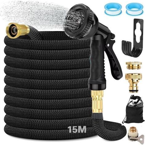 Tuyau Arrosage Extensible 15 m, Tuyau D'arrosage Flexible Avec Raccord en Laiton 3/4' et 1/2', Tête de Pulvérisation avec 8 Fonctions, avec Sac de Rangement, pour Jardin, Camping-Car (1/4)