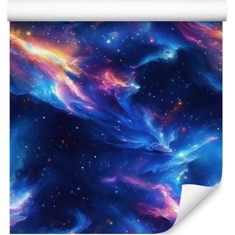 Papel pintado de galaxia en acuarela, azul y azul marino, fondo violeta, 50x1000 cm (1/5)