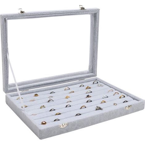Boite Vitrée de Rangement Bague en Velours Gris avec 7 Sections et Couvercle - Presentoir Bijoux avec Fenêtre en Verre Transparente pour Bagues, Boucles d’Oreilles et Boutons de Manchette (1/5)