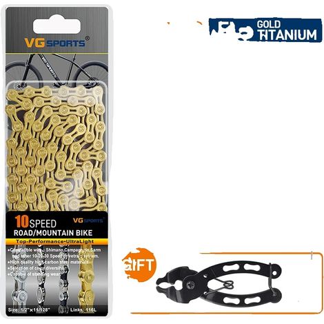 Catena per bicicletta, compatibile con 6-11 velocità, in acciaio legato resistente, 10 maglie, oro e titanio. (1/2)