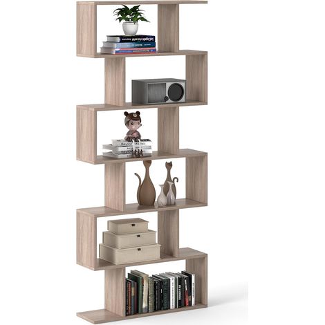 COSTWAY Libreria in Legno Scaffale Multifunzionale a 6 Ripiani per Piante e Libri per Ufficio Casa Ripiano a Forma di S, 80 x 23 x 192 cm (Quercia) (1/5)