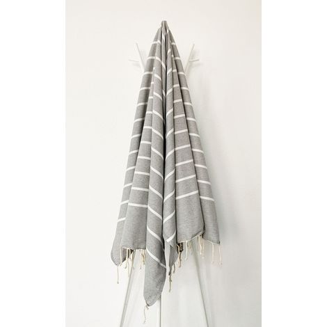 Fouta 100x200 Gris Ciment Rayures Blanches - 100% coton - franges