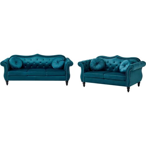 Living Room Set Teal Velvet 2 Seater 3 Seater Nailhead Trim Button Tufted Throw Pillows Rolled Arms Glam SKIEN (1/5)