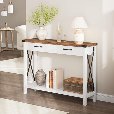 Konsolentisch, Flurtisch, Beistelltisch, Sofatisch mit 2 Schubladen, Stahlgestell, Flur, Wohnzimmer, Industrie-Design, Weiß,110x30x76CM (1/5)