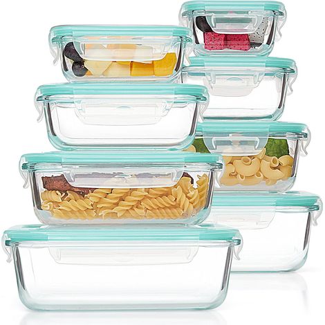 Contenitore per alimenti in vetro con coperchio - Capacità 1 l - Set da 8 - Ermetico e impilabile - Senza BPA - Lavabile in lavastoviglie, congelatore e microonde