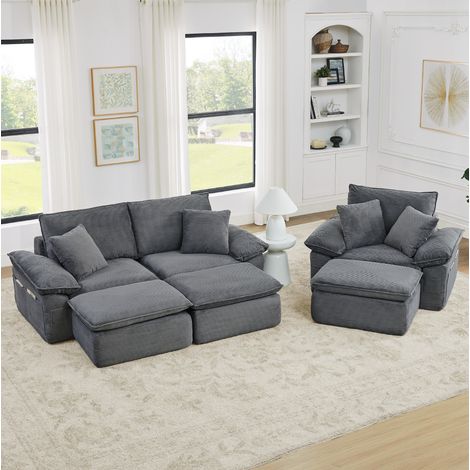 Canapé modulaire 2 places avec repose-pieds et poches de rangement, sans montage, en tissu gris clair, 156x206x65 cm (1/5)