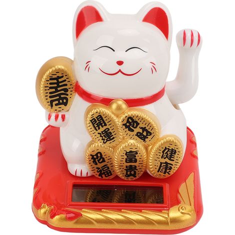 Maneki Neko Blanc Solaire - Chat Porte-Bonheur pour Intérieur, Voiture ou Bureau - Cadeau Écologique et Décoratif (1/5)