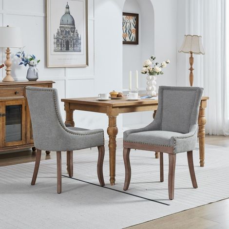 Chaise salle à manger rembourrée tissu et bois massif - 2 pièces - Design moderne gris - Clous bronze (1/5)
