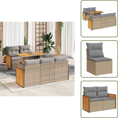 6-tlg. Garten-Sofagarnitur mit Kissen Beige Poly Rattan Akazie - Gartensofa Set - Garten Sofa Set - Outdoor Sofa Set - Garten Sofagarnitur (1/5)