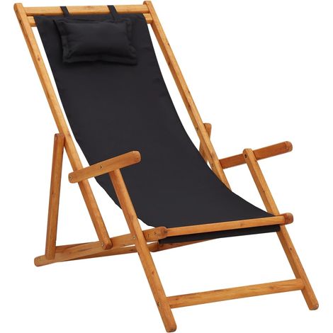 vidaXL Folding Chair Solid Eucalyptus Wood and Fabric Black