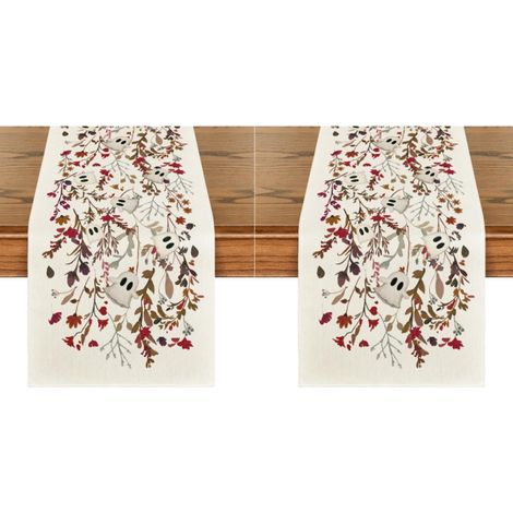 Camino de mesa de Halloween, decoración de mesa para el hogar y fiestas, 33 x 183 cm, flores, hojas y fantasmas (2 piezas) (1/5)