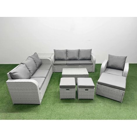 Fimous 10 Seater Poly Rattan Outdoor Garden Furniture Sofa Set Patio 3 Seater Sofa Reclining Chair 3 Seater Sofa 3 Stools Side Table Light Grey (1/5)