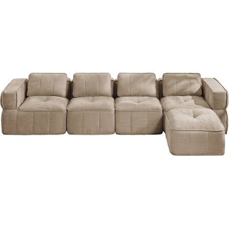 Sofá Modular 4 Plazas sin Estructura con Puff, Asiento Profundo, Poliéster, Arena (1/5)