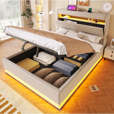 lit adulte rangement 140x200 lin beige LED USB commande app HAVRYA (1/5)