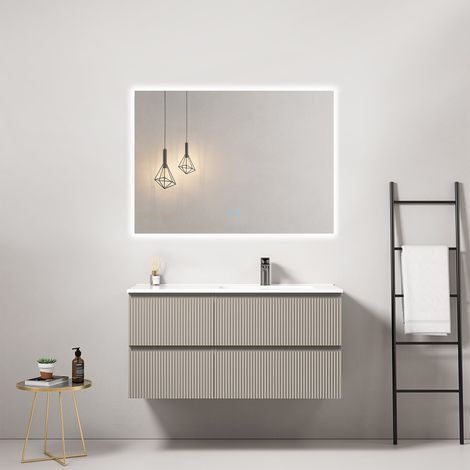 Mobile bagno sospeso cannettato 100 cm Grigio Cenere Lavabo a Destra in Ceramica Specchio Quadro Retroilluminato - Fiji Paint (1/4)