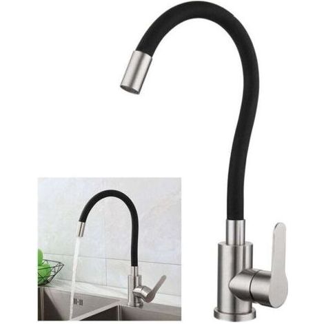 Robinet de Cuisine Flexible Bec Haut Orientable, Mitigeur Évier Monotrou Eau Chaude et Froide, Acier Inox Brossé Noir (1/4)