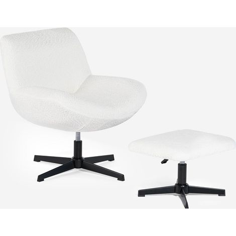 Sillón giratorio ergonómico para salón de tela bouclé con reposapiés Janes - Blanco