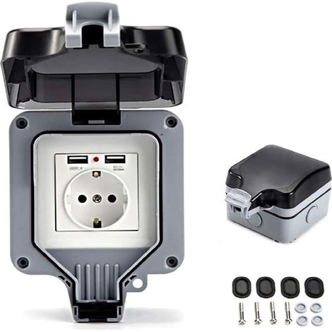 Prise de courant IP66 avec ports USB - Prise murale électrique étanche - Prise extérieure - Montage en saillie - Contact de protection (1/5)