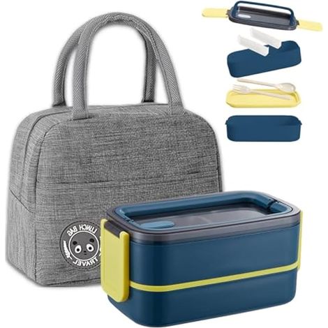 Bento Lunch Box Kit,1400 ml Double Couche Boite Repas avec Couverts et Sac Isotherme Repas, Hermétique Botes Bento pour Pique-Nique, Travail, Goter, Bento Box pour Micro Ondes(Bleu Foncé) (1/5)