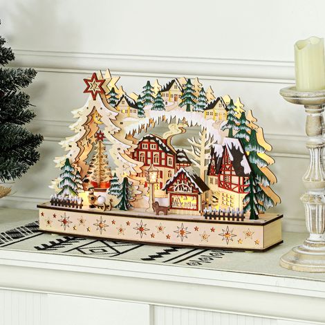 Village Noël lumineux animé bois 20 LED paysage enneigé 45x12x30 naturel (1/5)