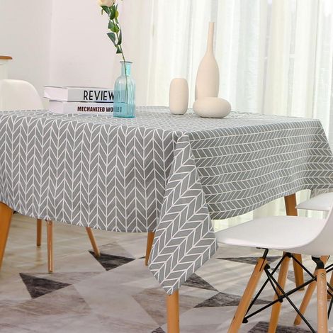 Tischdecke Leinenoptik Grau 140x180 cm Abwischbar mit Quasten für Esszimmer & Garten