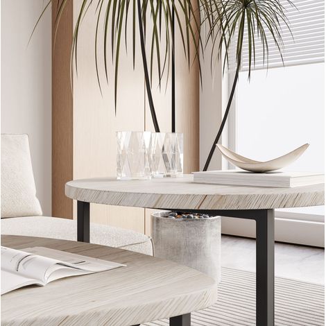 Set de 2 tables basses rondes en bois avec plateau en forme de cœur, design industriel mat noir (1/5)