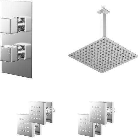 Cubix Polished Chrome Concealed Twin Thermostatic Shower Valve with Diverter and 300mm Square Head with 300mm Ceiling Arm and 4 Body Jets - 2 Outlet (1/5)