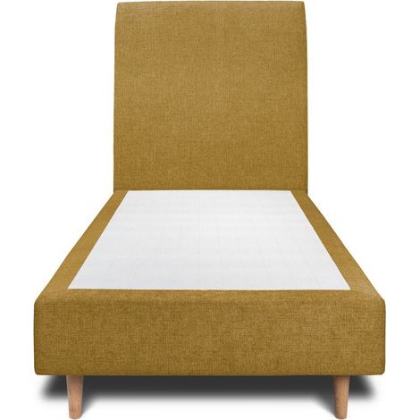 Lit 90x190cm avec tête de lit tapissier tissu et sommier tapissier jaune - Hauteur totale : 35cm (1/4)