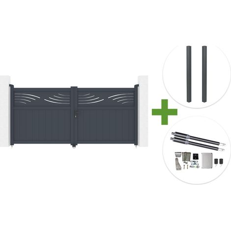 Portail battant 3m HALTI H.140cm aluminium gris + 2 poteaux ELDA 15x15cm + motorisation Ranger B150 (1/5)