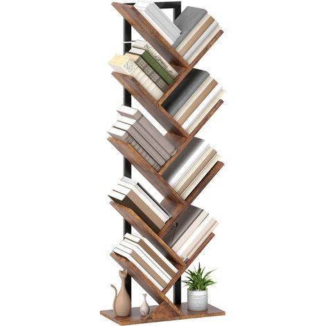Bibliothèque Arbre 9 Niveaux Meuble de Rangement Livres et Magazines Cadre Acier Brun Rustique 50 x 24 x 136 cm (1/5)