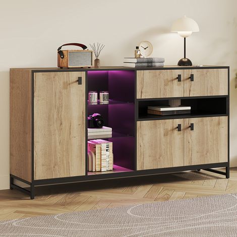 REDOM - Credenza 160x40x84,5 cm, vani aperti e chiusi, struttura in legno ingegnerizzato e metallo nero naturale (1/5)