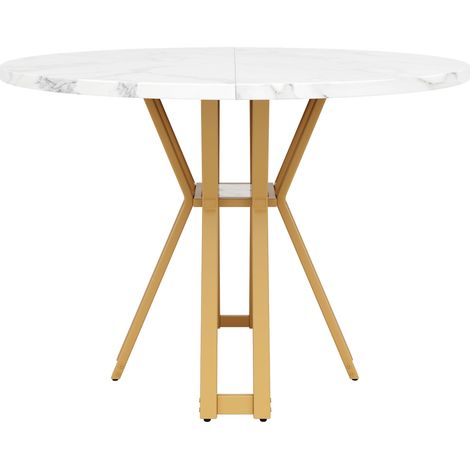 Mesa de comedor redonda 100x76 cm de MDF efecto mármol con patas metálicas doradas (1/5)