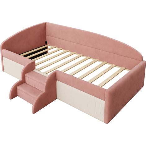 Lit enfant multifonction en velours, 90 x 190 cm, avec marches antidérapantes et barrières, rose et crème, sans matelas (1/5)