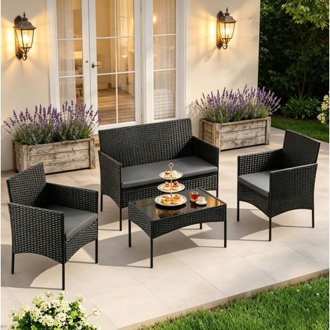 Set mobili da giardino in rattan nero per 4 persone con tavolino in vetro (1/5)