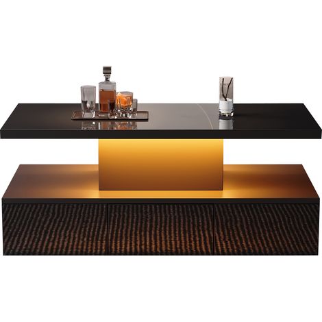 Zweistufiger Couchtisch fürs Wohnzimmer mit 16-farbigem LED-Licht, Hochglanz-Wohnzimmertisch, Sofatisch mit offenem Ausstellungsregal und 1 Schiebeschubladen, kleiner rechteckiger Mitteltisch, schwarz (1/5)