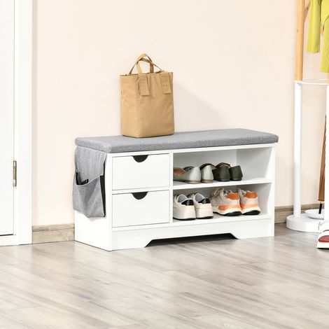 Banco Zapatero con Asiento Estantes y 2 Cajones Capacidad para 4 Pares de Zapatos 80,5x30,5x43,5 cm Blanco y Gris (1/5)