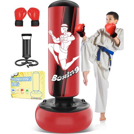 Sac de Frappe 165cm Gonflable pour Enfants avec Gants de Sac de Boxe Enfants pour la Pratique du MMA, du Karaté, du Taekwondo et pour soulager l'énergie de la Pentecôte (1/5)
