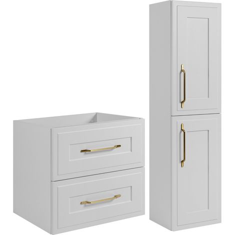 Rodan Badschrank 140 cm, Weiß Matt und Holz, 46 x 140 x 57 cm, geriffelte Türen, braune Platte, mit Badregal, feuchtraumgeeignet