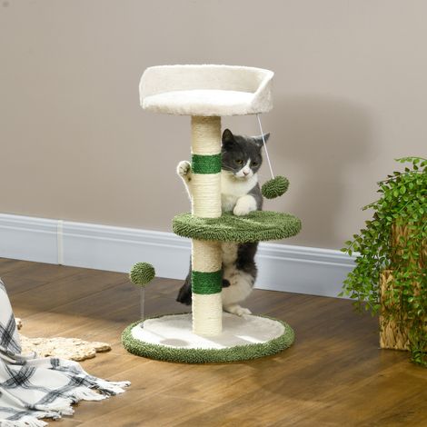 Arbre à chat avec coussin. 2 balles. Plateforme et poteau en sisal. Vert et blanc. (1/5)